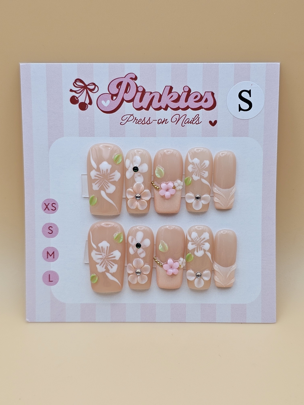 Press-on Nails Set 10pc Size S Square Apricot Peach Cream French Tips Flowers